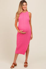 Pink Ribbed Side Slit Sleeveless Maternity Midi Dress