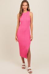 Pink Ribbed Side Slit Sleeveless Maternity Midi Dress