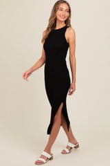 Black Ribbed Side Slit Sleeveless Midi Dress