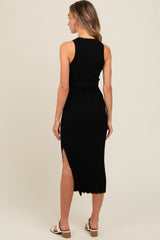 Black Ribbed Side Slit Sleeveless Midi Dress