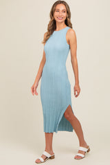 Light Blue Ribbed Side Slit Sleeveless Midi Dress