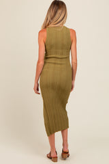 Light Olive Ribbed Side Slit Sleeveless Maternity Midi Dress