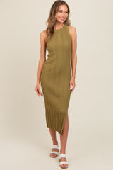 Light Olive Ribbed Side Slit Sleeveless Midi Dress