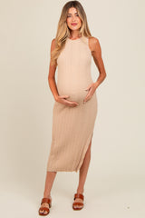 Beige Ribbed Side Slit Sleeveless Maternity Midi Dress