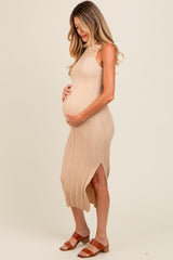 Beige Ribbed Side Slit Sleeveless Maternity Midi Dress