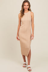 Beige Ribbed Side Slit Sleeveless Midi Dress