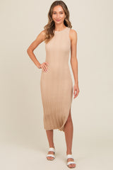 Beige Ribbed Side Slit Sleeveless Maternity Midi Dress