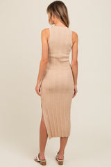 Beige Ribbed Side Slit Sleeveless Midi Dress