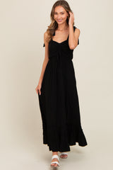 Black Sweetheart Neck Smocked Shoulder Tie Maxi Dress