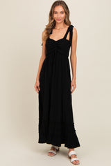 Black Sweetheart Neck Smocked Shoulder Tie Maternity Maxi Dress