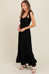 Black Sweetheart Neck Smocked Shoulder Tie Maxi Dress