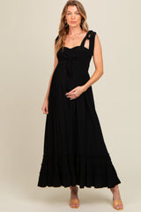 Black Sweetheart Neck Smocked Shoulder Tie Maternity Maxi Dress