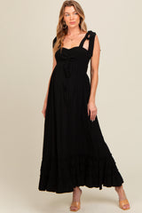 Black Sweetheart Neck Smocked Shoulder Tie Maternity Maxi Dress