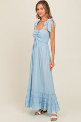 Light Blue Sweetheart Neck Smocked Shoulder Tie Maxi Dress