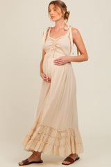 Beige Sweetheart Neck Smocked Shoulder Tie Maternity Maxi Dress