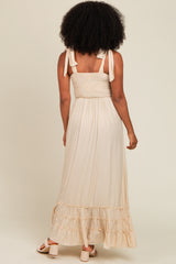 Beige Sweetheart Neck Smocked Shoulder Tie Maxi Dress