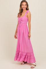 Pink Sweetheart Neck Smocked Shoulder Tie Maxi Dress