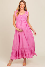 Pink Sweetheart Neck Smocked Shoulder Tie Maternity Maxi Dress