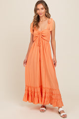 Orange Sweetheart Neck Smocked Shoulder Tie Maxi Dress