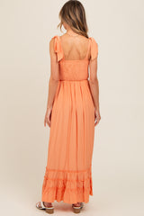 Orange Sweetheart Neck Smocked Shoulder Tie Maxi Dress