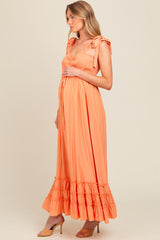 Orange Sweetheart Neck Smocked Shoulder Tie Maternity Maxi Dress