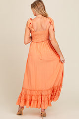 Orange Sweetheart Neck Smocked Shoulder Tie Maternity Maxi Dress