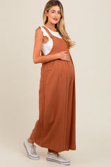 Mocha Pocket Front Maternity Wide Leg Jumpsuit