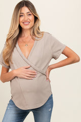 Taupe Wrap Short Sleeve Raw Hem Maternity Top