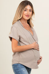 Taupe Wrap Short Sleeve Raw Hem Maternity Top