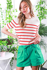 Red Striped Knit Short Sleeve Top