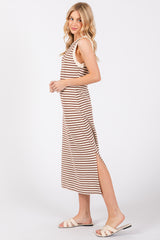 Mocha Striped Sleeveless Maternity Midi Dress