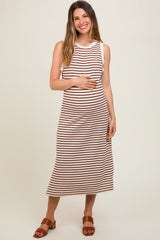 Mocha Striped Sleeveless Maternity Midi Dress