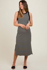 Black Striped Sleeveless Maternity Midi Dress