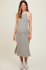 Cream Black Striped Sleeveless Maternity Midi Dress