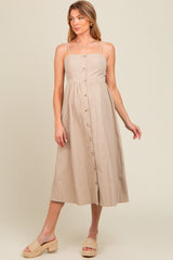 Taupe Sleeveless Button Down Maternity Midi Dress