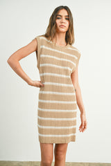 Taupe Striped Sweater Knit Sleeveless Dress