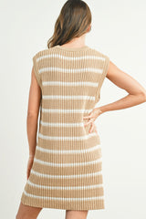 Taupe Striped Sweater Knit Sleeveless Dress