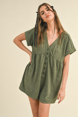 Olive Button Up Raw Hem Maternity Romper