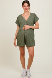 Olive Button Up Raw Hem Maternity Romper