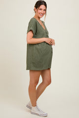 Olive Button Up Raw Hem Maternity Romper