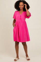 Fuchsia Linen Puff Sleeve Maternity Dress