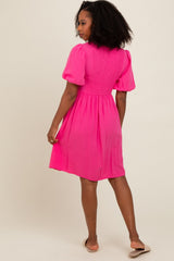 Fuchsia Linen Puff Sleeve Dress