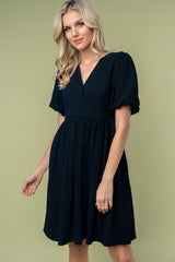 Black Linen Puff Sleeve Dress