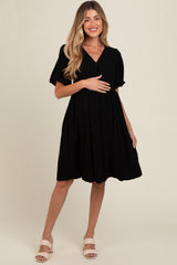 Black Linen Puff Sleeve Maternity Dress