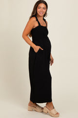 Black Smocked Wide Leg Maternity Jumpsuit