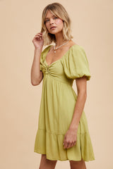 Light Olive U Notched Bubble Short Sleeve Dress