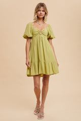 Light Olive U Notched Bubble Short Sleeve Dress