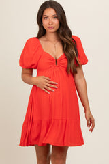 Red U Notched Bubble Short Sleeve Maternity Dress