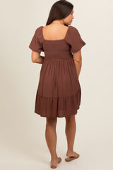 Brown U Notched Bubble Short Sleeve Maternity Dress