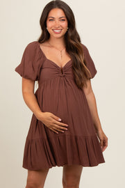 Brown U Notched Bubble Short Sleeve Maternity Dress